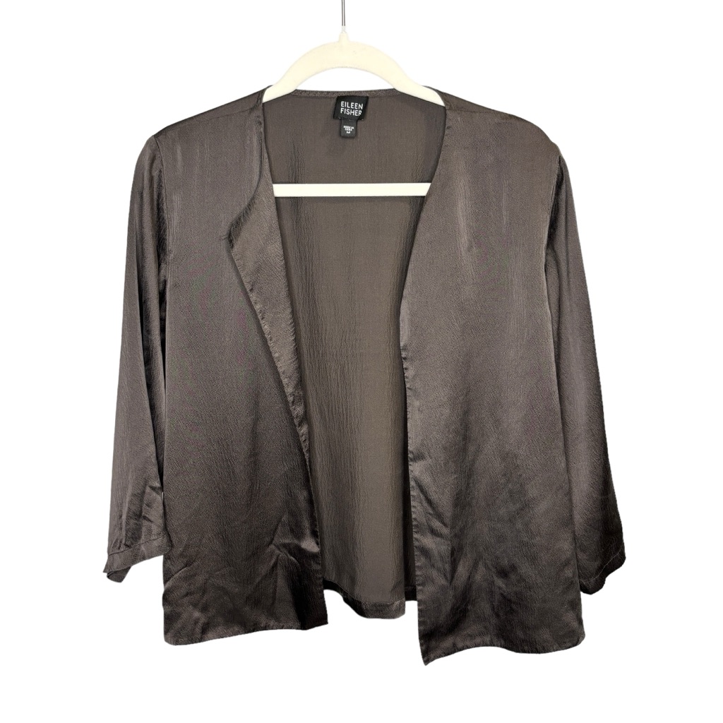 Eileen Fisher Dark Grey Silk Open Front Cardigan
